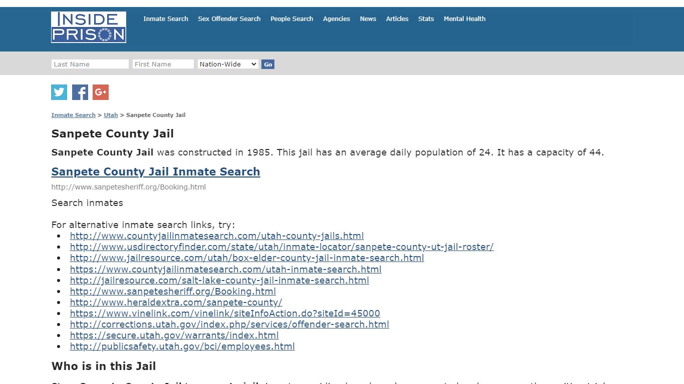 Sanpete County Jail - Utah - Inmate Search