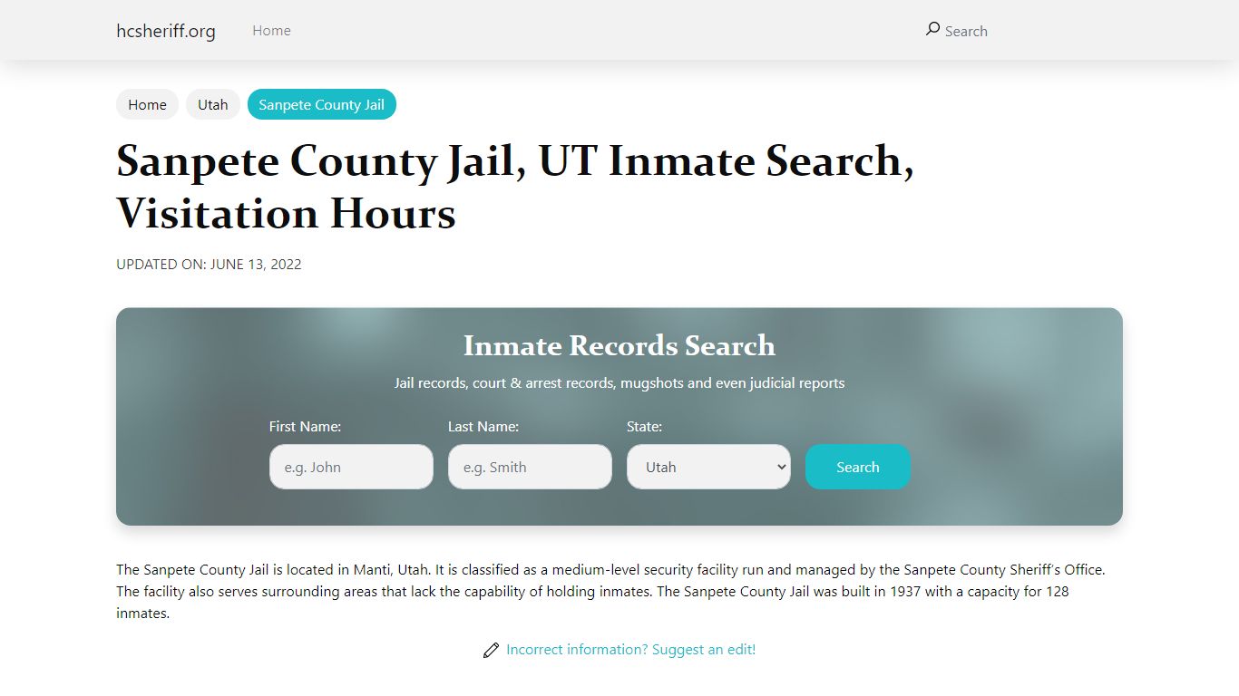 Sanpete County Jail, UT Inmate Search, Visitation Hours