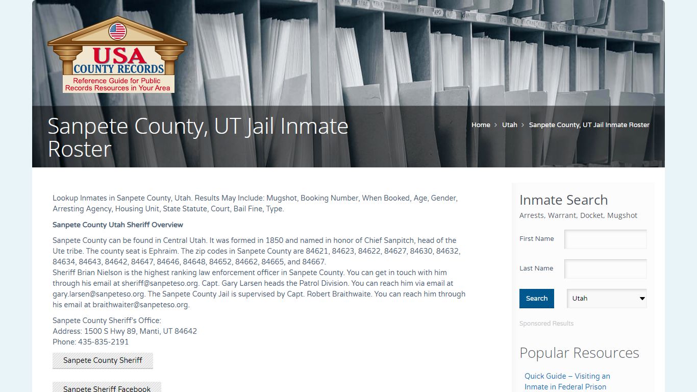 Sanpete County, UT Jail Inmate Roster | Name Search